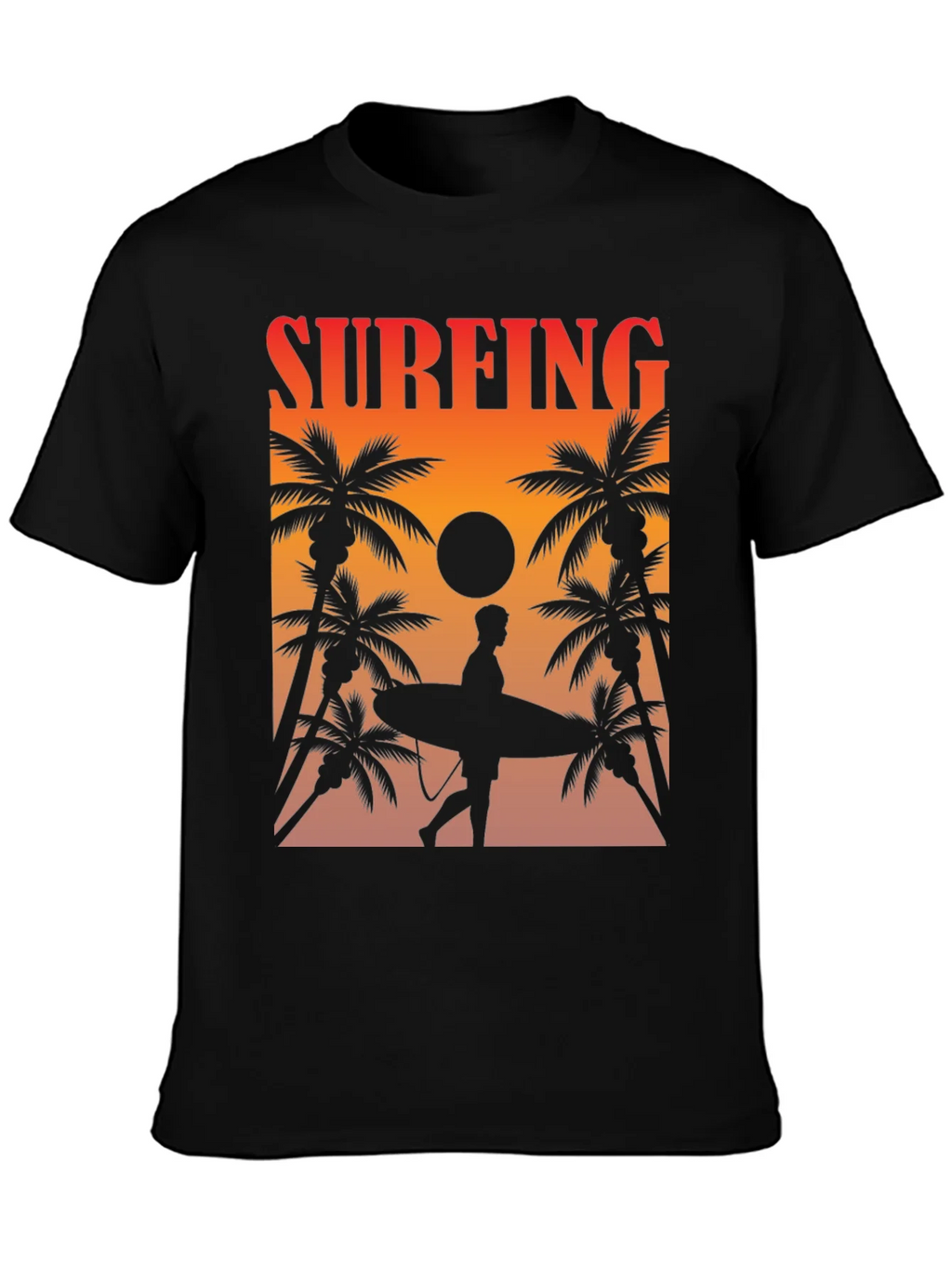 Surfing Sunset Graphic Tee - Palm Trees & Surfboard