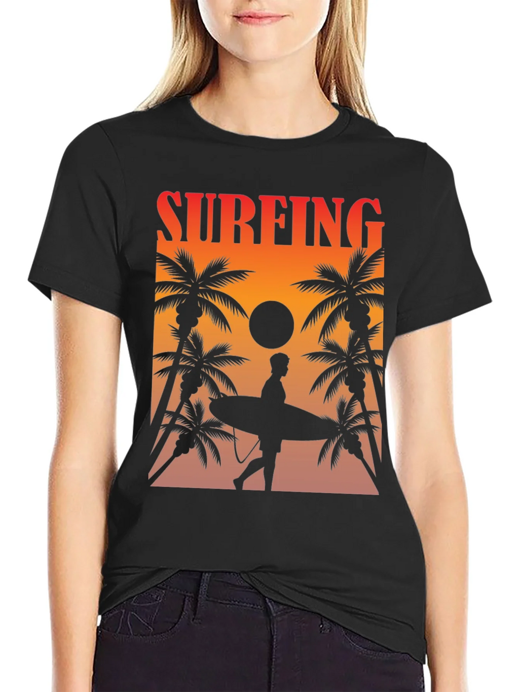 Surfing Sunset Graphic Tee - Palm Trees & Surfboard