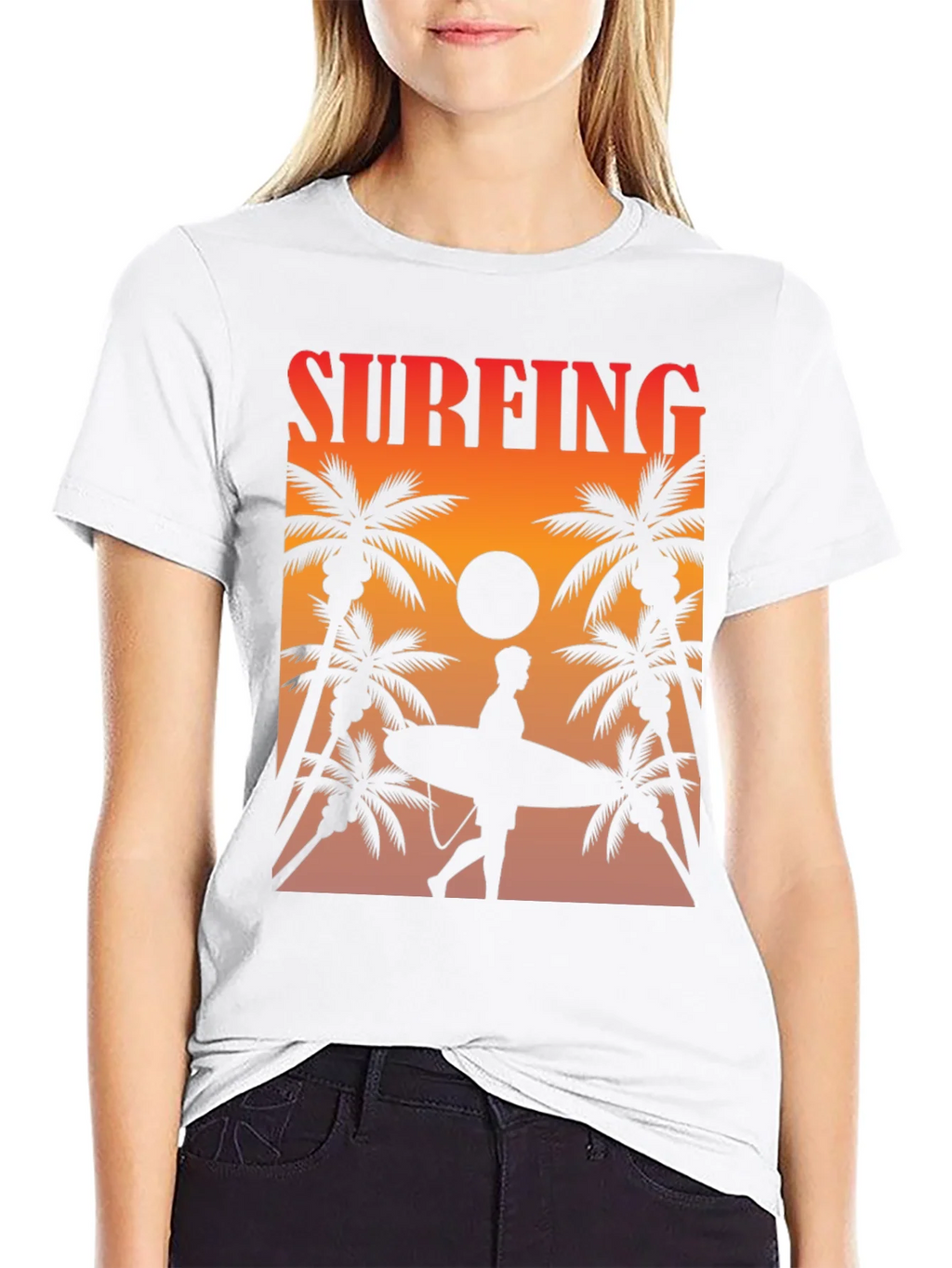 Surfing Sunset Graphic Tee - Palm Trees & Surfboard