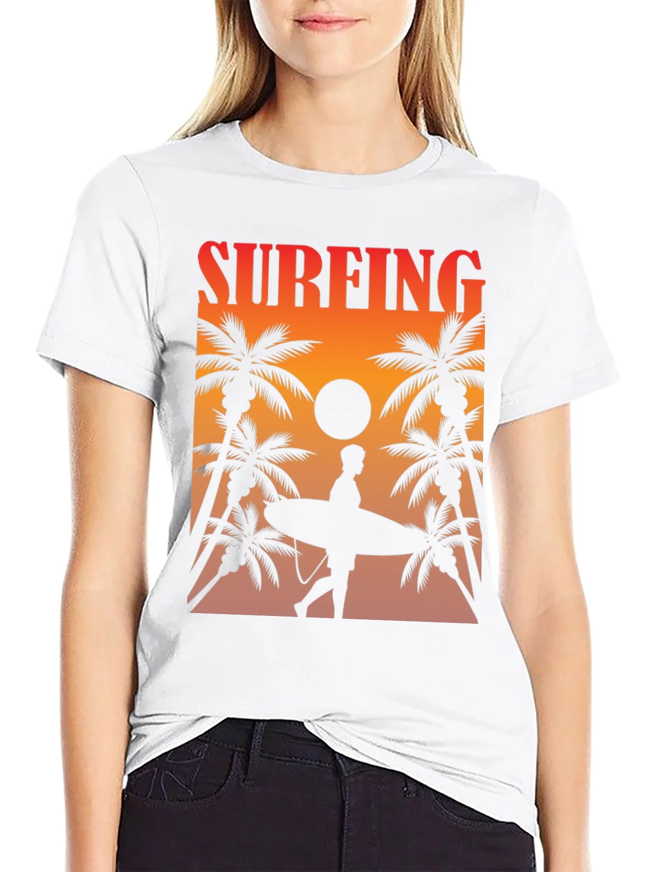 Surfing Sunset Graphic Tee - Palm Trees & Surfboard