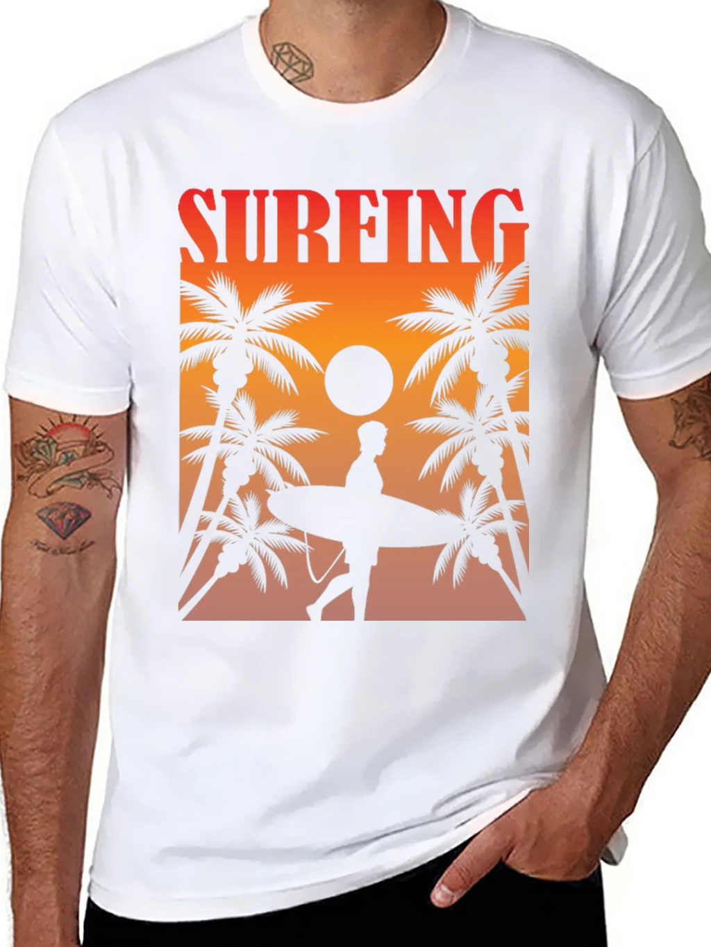 Surfing Sunset Graphic Tee - Palm Trees & Surfboard