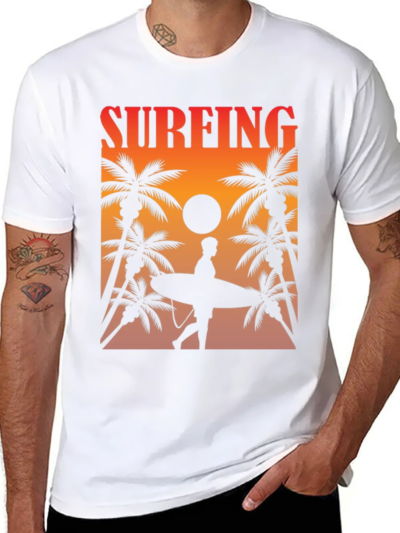 Surfing Sunset Graphic Tee - Palm Trees & Surfboard
