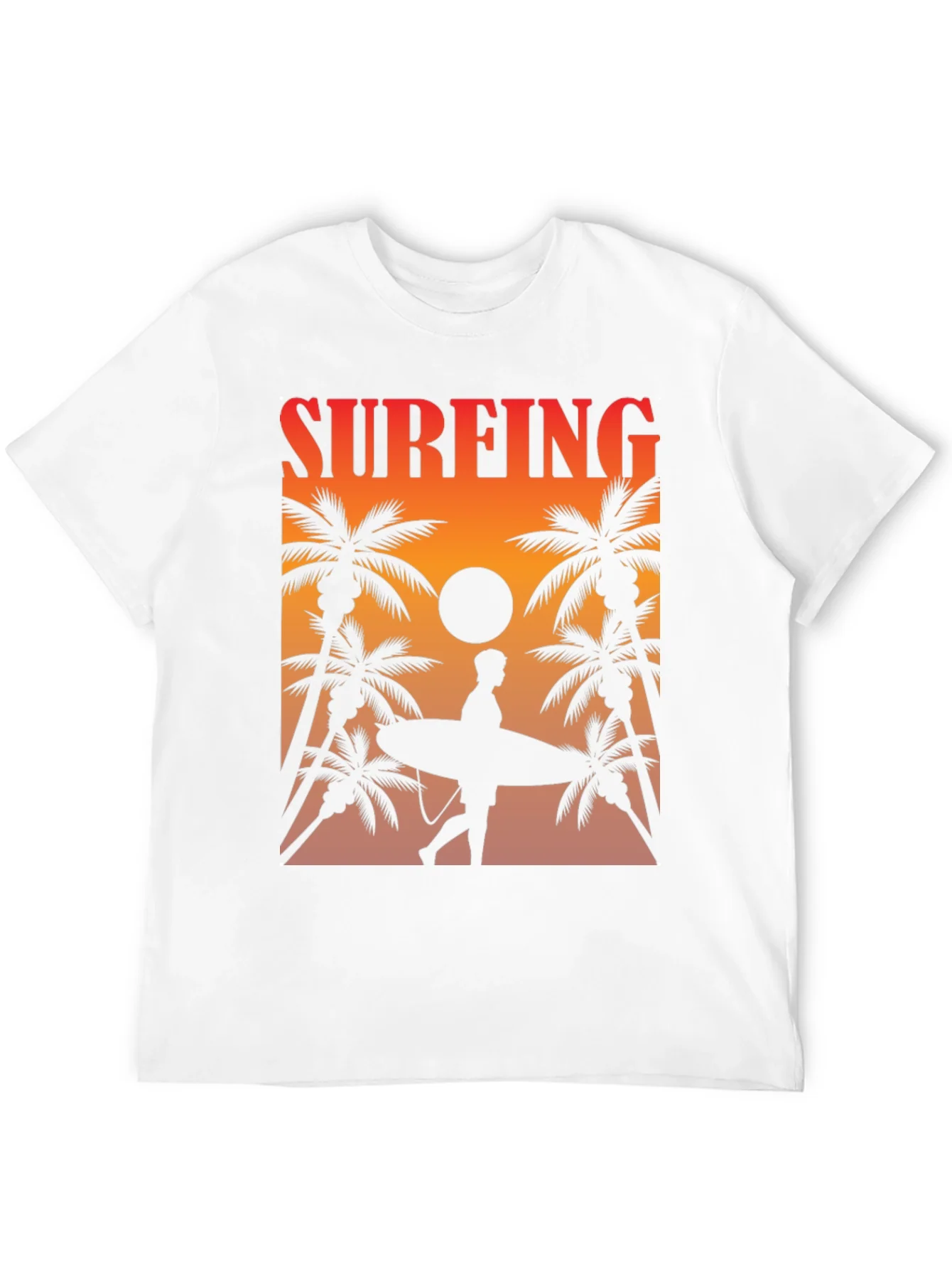 Surfing Sunset Graphic Tee - Palm Trees & Surfboard