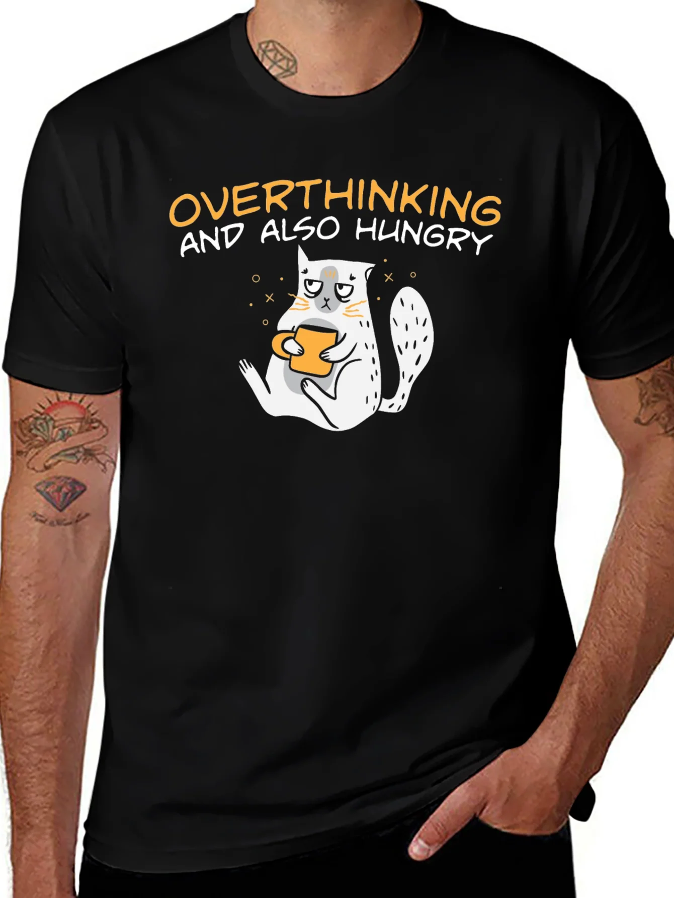 Overthinking & Hungry Cat Graphic T-Shirt - Unisex Cotton Tee