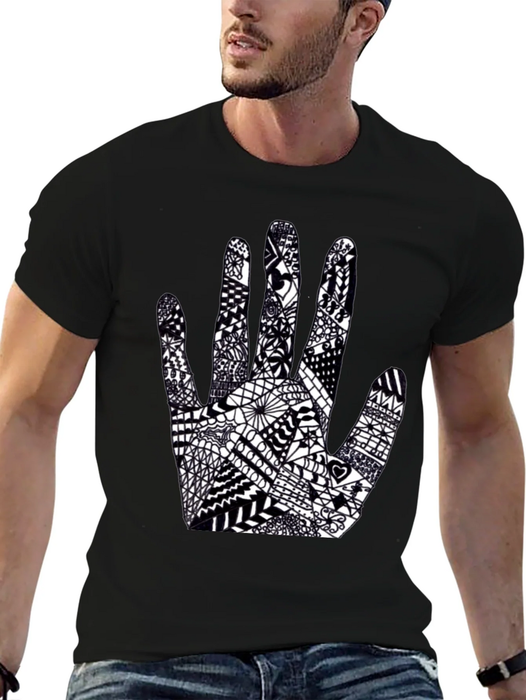 Black Tee with Hand Art Graphic