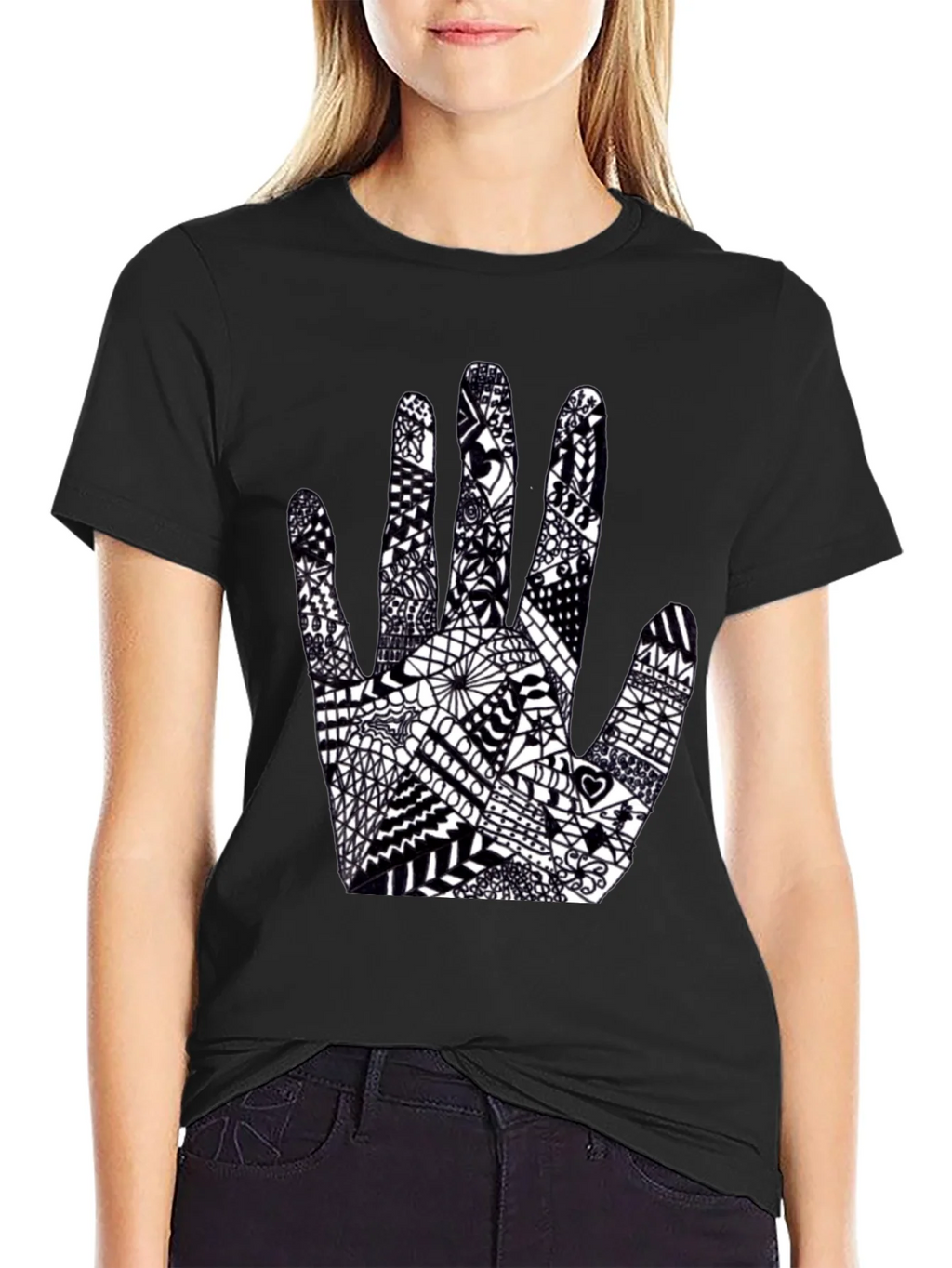 Black Tee with Hand Art Graphic