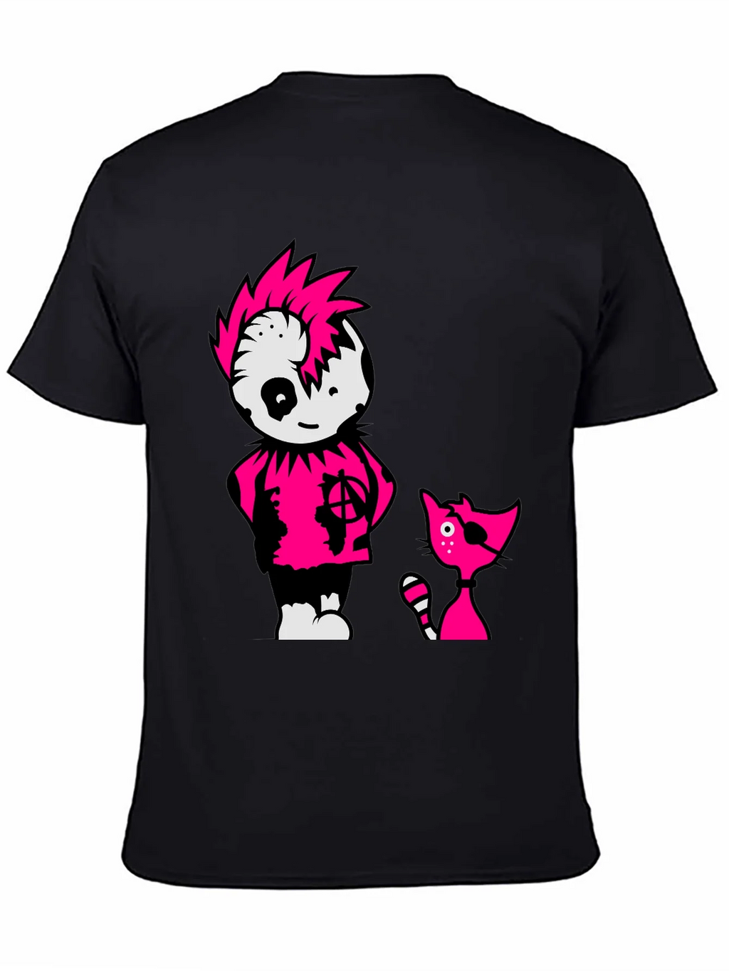 Black Tee with Punk Cartoon Character and Cat
