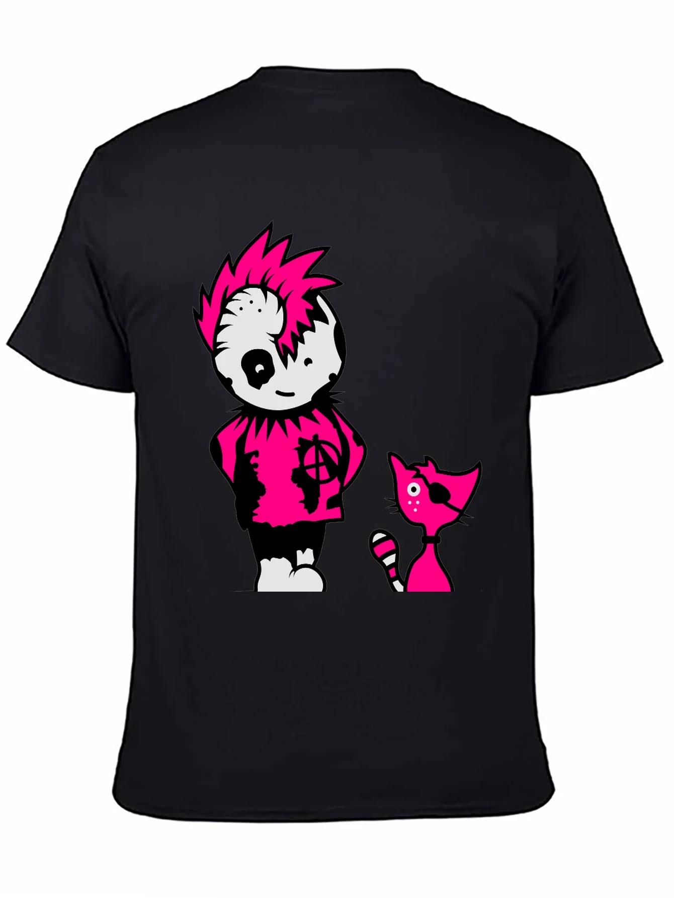 Black Tee with Punk Cartoon Character and Cat
