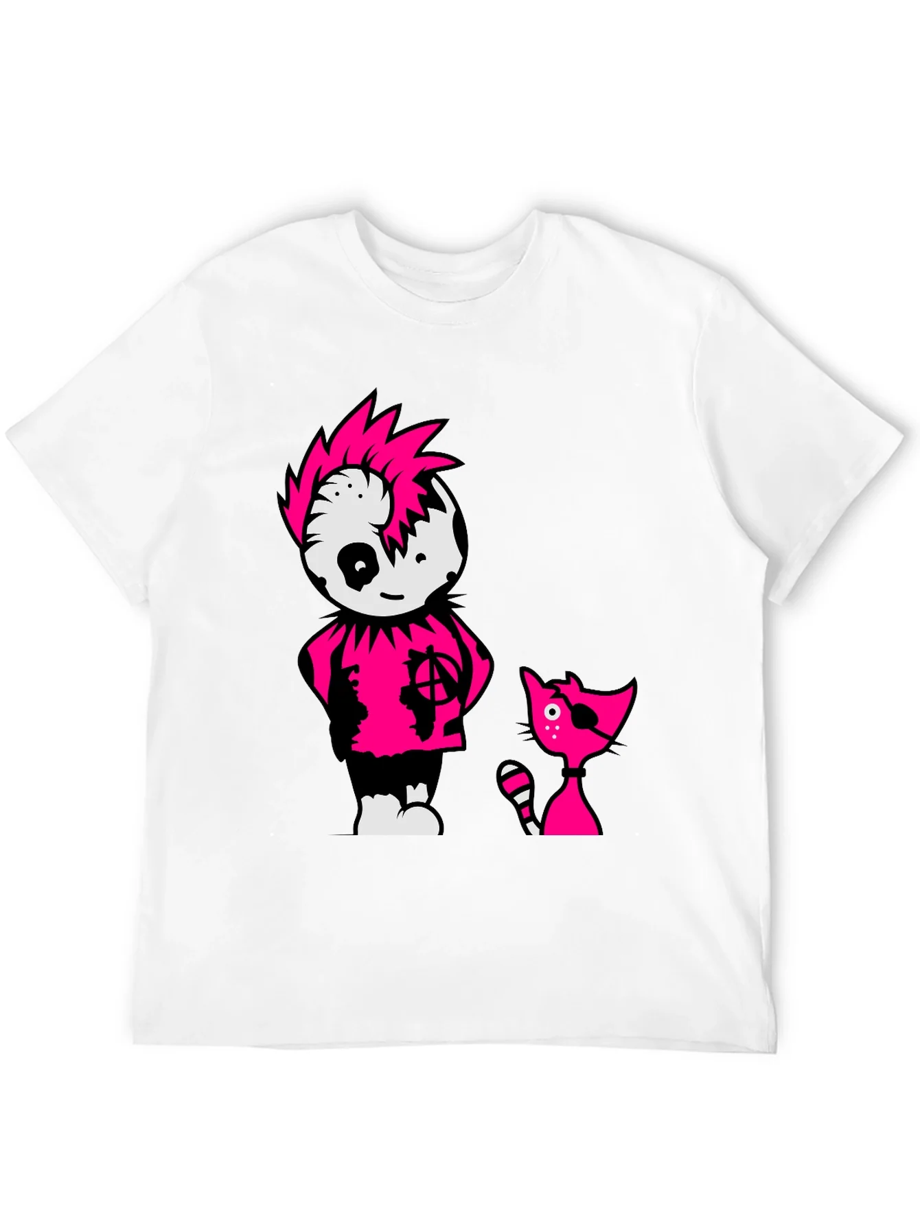Black Tee with Punk Cartoon Character and Cat