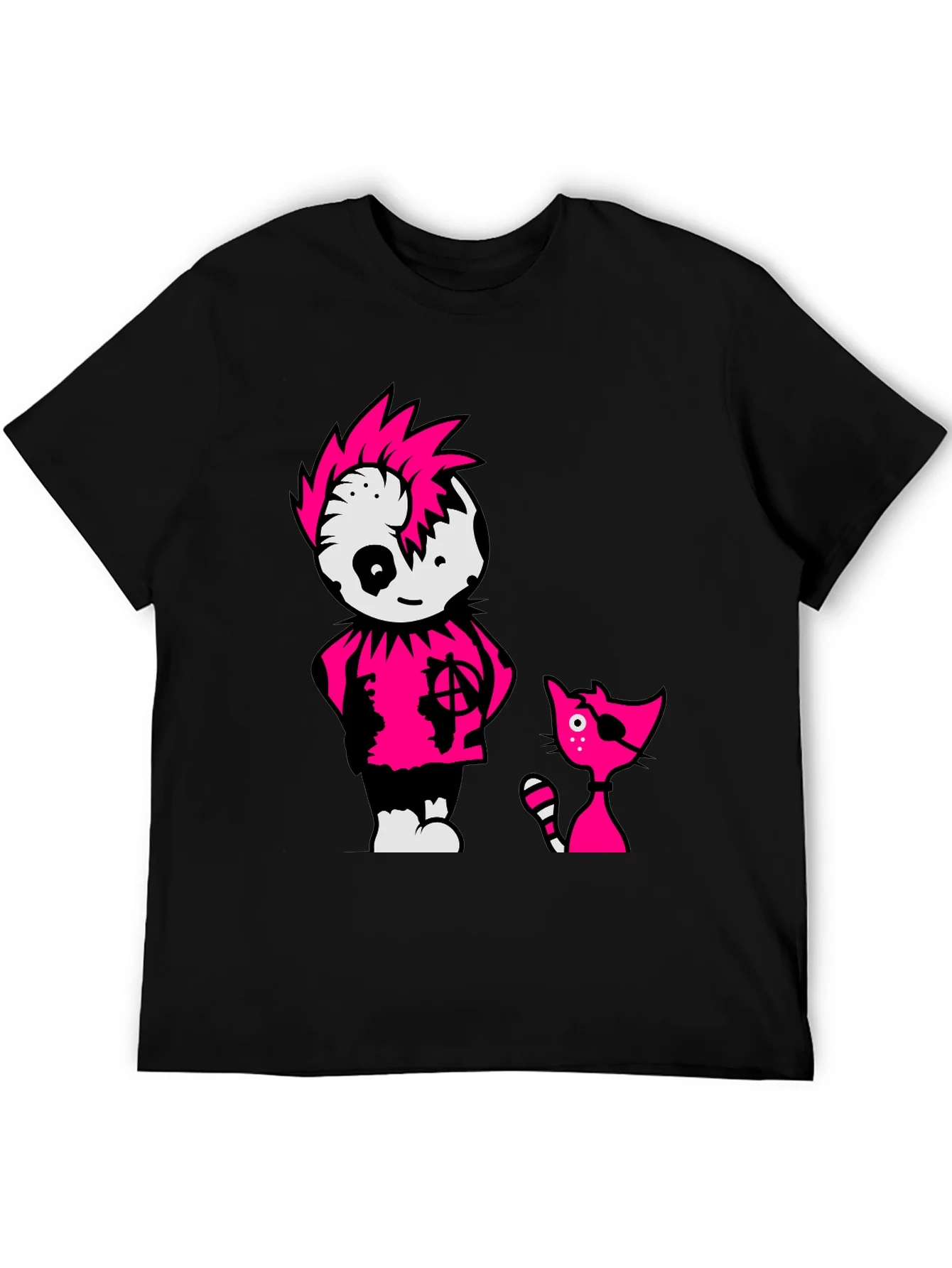 Black Tee with Punk Cartoon Character and Cat