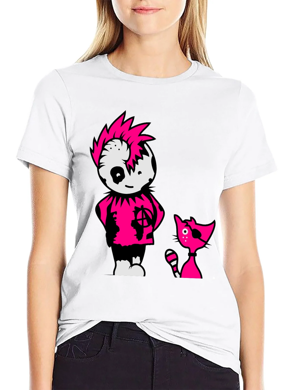 Black Tee with Punk Cartoon Character and Cat