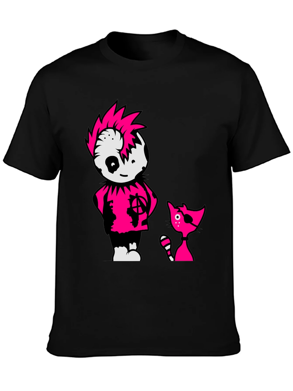 Black Tee with Punk Cartoon Character and Cat
