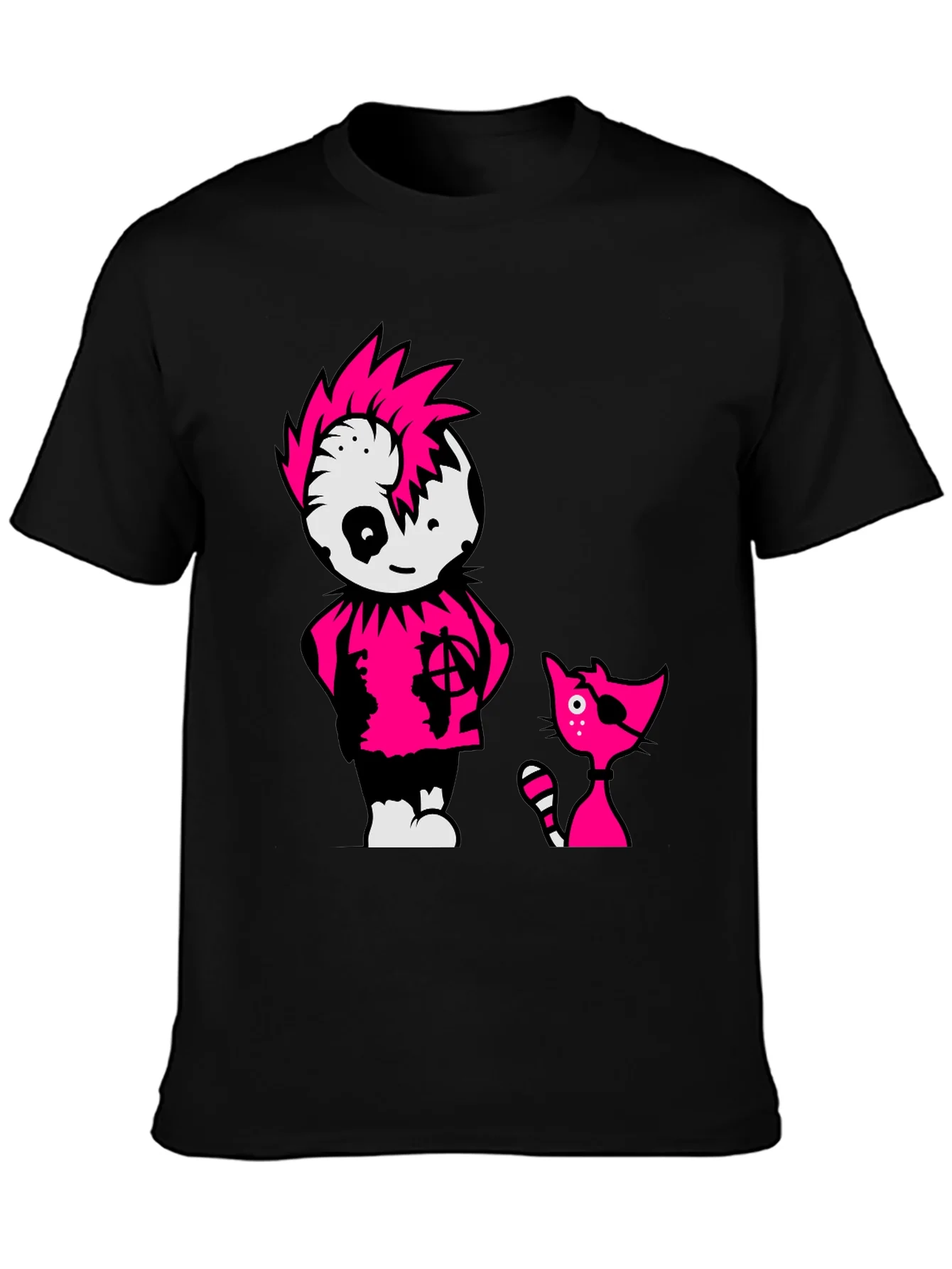 Black Tee with Punk Cartoon Character and Cat
