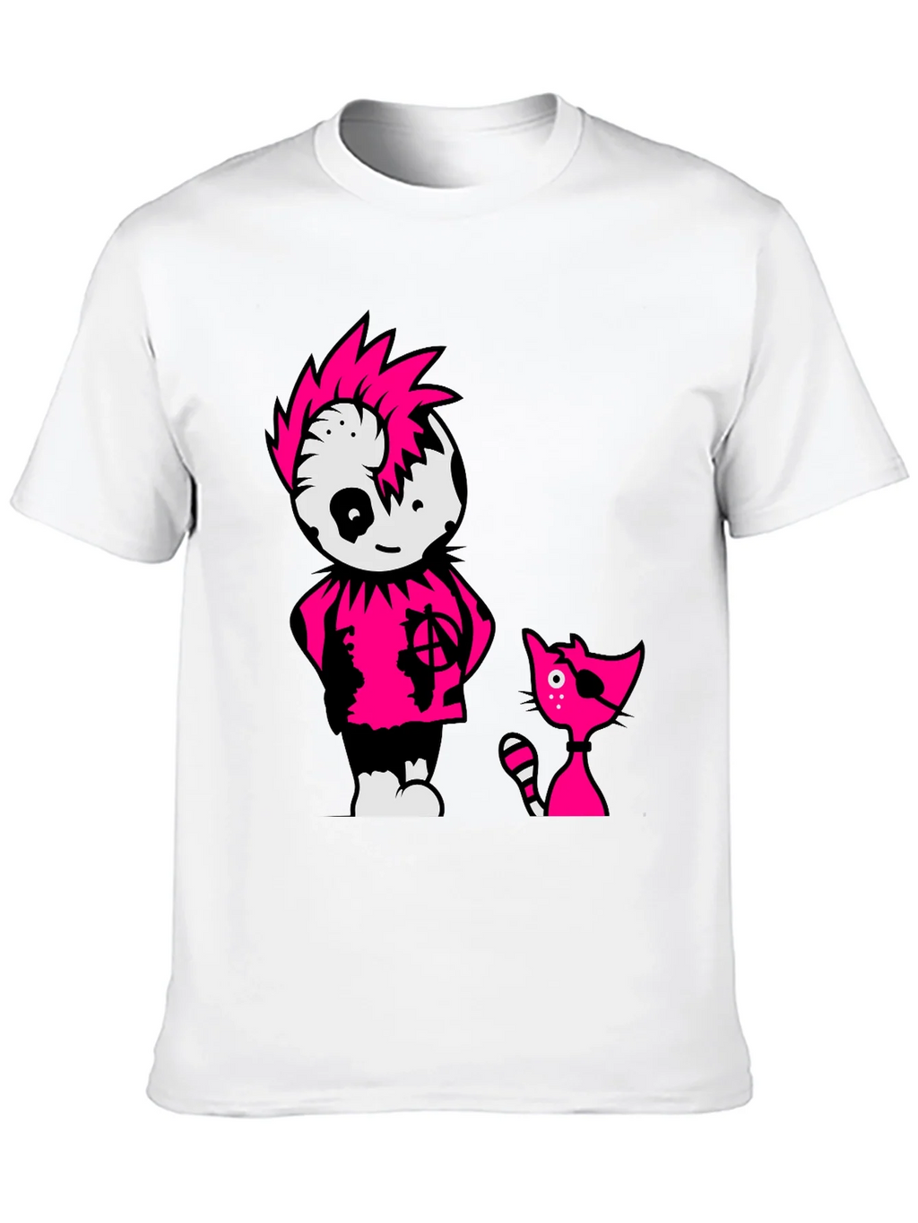 Black Tee with Punk Cartoon Character and Cat