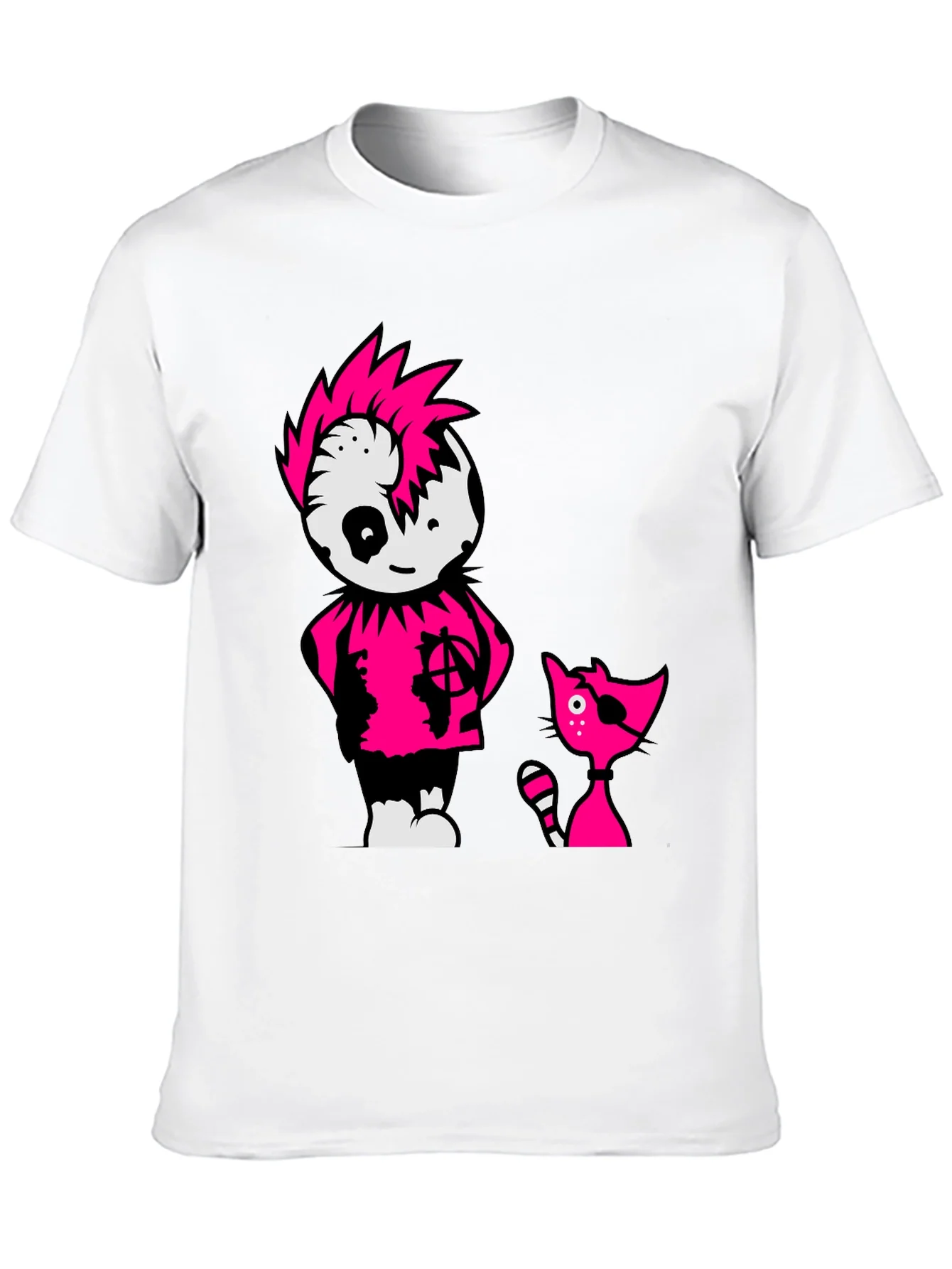 Black Tee with Punk Cartoon Character and Cat