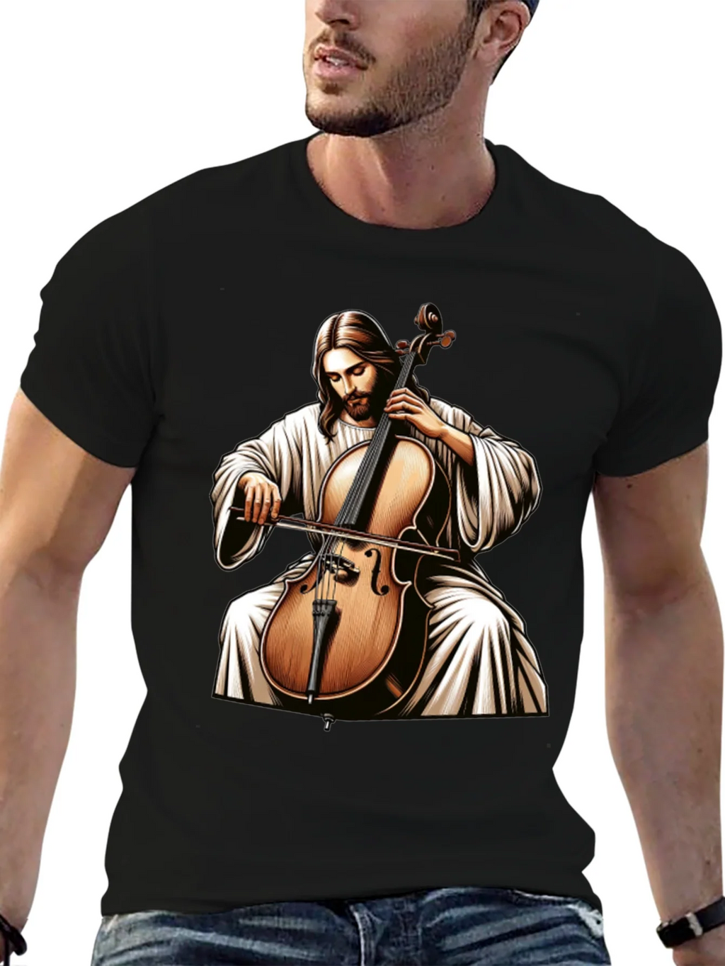 Jesus Playing Cello Black T-Shirt