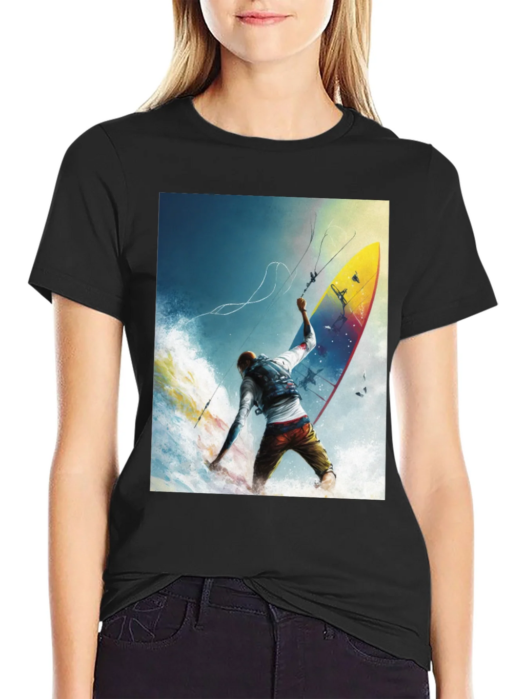 Surfing Print Black T-Shirt