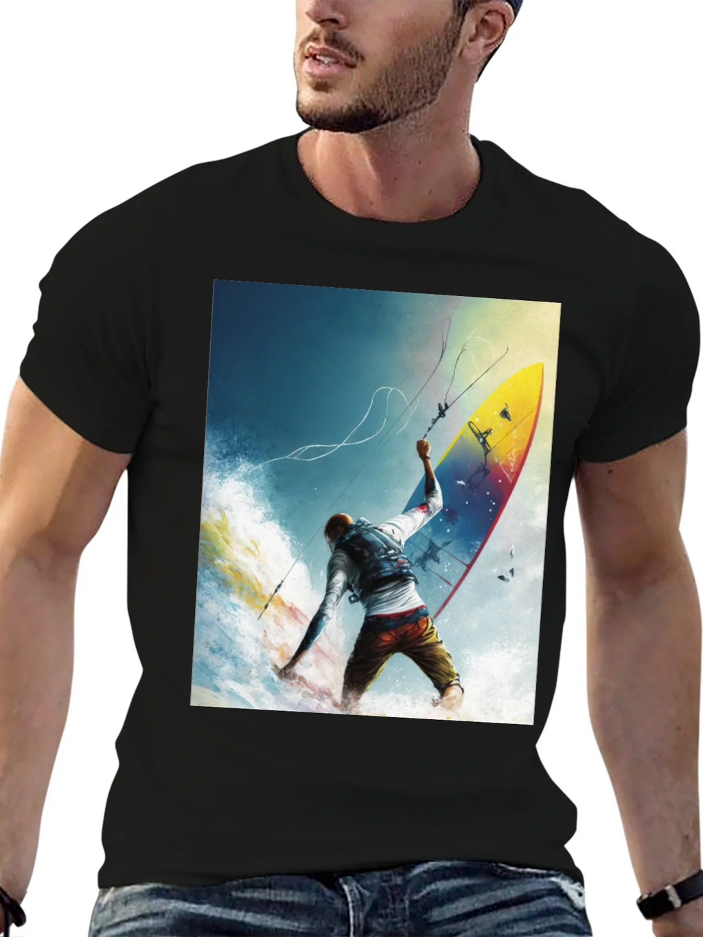 Surfing Print Black T-Shirt